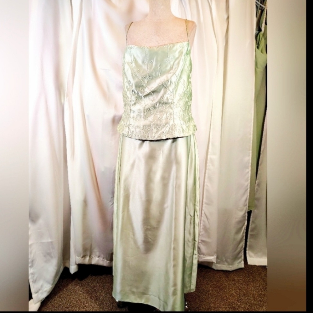 Alfred Angelo Column Dress, Formal Sage Green Satin, Spaghetti Straps, Beads,14